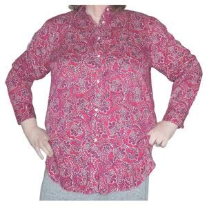 Chaps No Iron Red Paisley Print Cotton Size 2X Long Sleeve Blouse Preppy Office